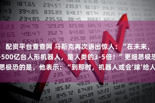 配资平台查查网 马斯克再次语出惊人：“在未来，世界上或会有300亿-500亿台人形机器人，是人类的3-5倍！”更细思极恐的是，他表示：“到那时，机器人或会‘嫁’给人类，成为终身伴侣！”